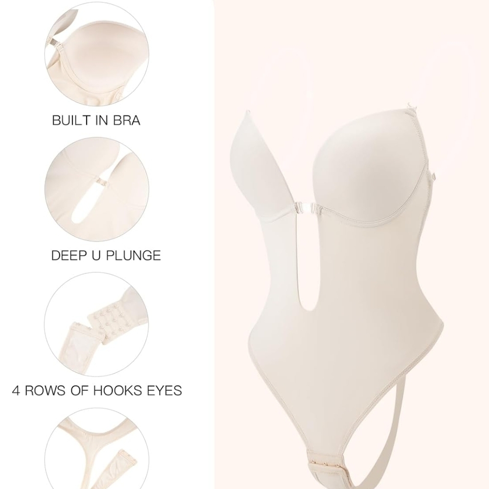 Cream Shapewear Bodysuit with Plunging V-Wire - Picture 3 of 5